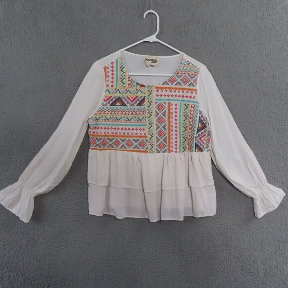 Savanna Jane Top Medium Embroidered Boho Long Sleeve Ruffles Blouse White - Picture 1 of 10